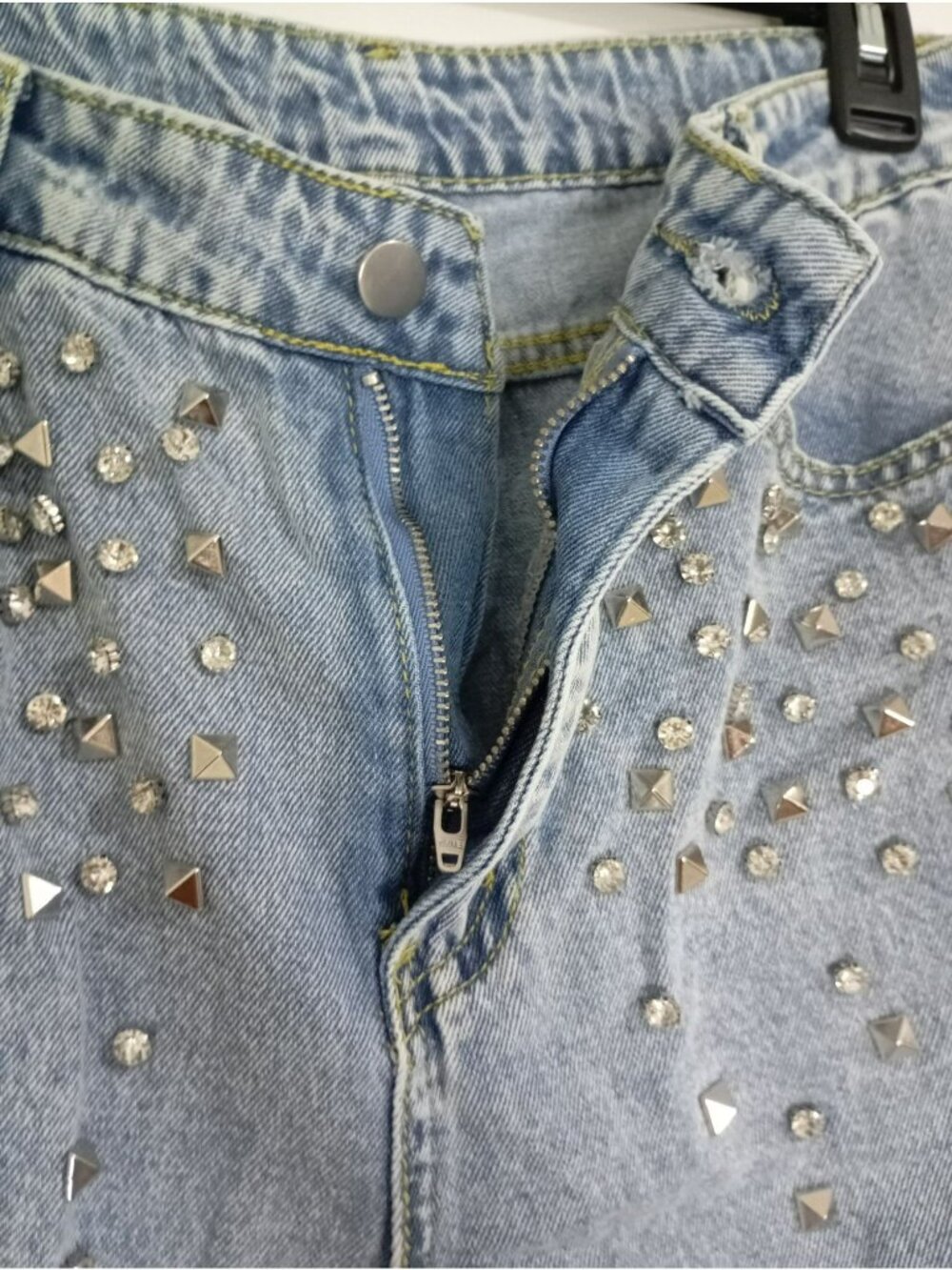 Studded Denim Jeans Rhinestone Details Size M High-Waisted Straight Leg - Picture 6 of 16